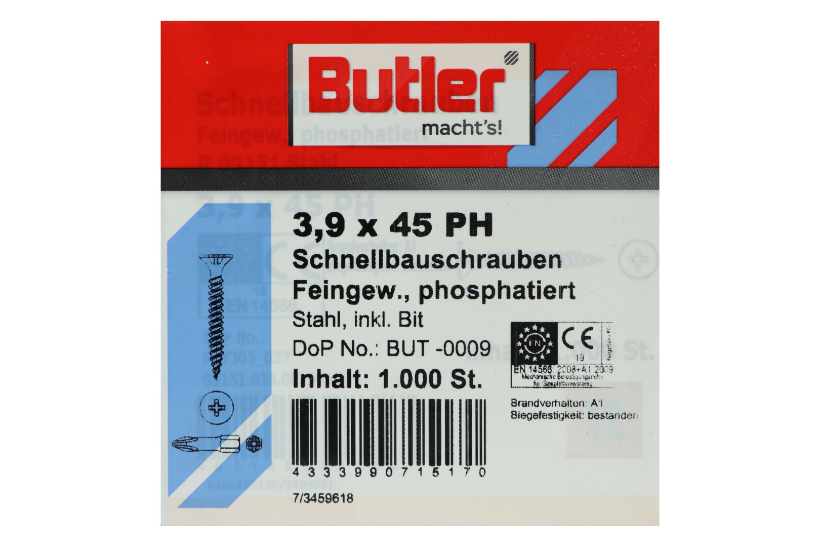 Butler macht's! Schnellbauschrauben inkl. Bit für Gipsplatten auf Metall bis 0,6 mm, Feingewinde, PH2, 3,9 x 45 mm, 1.000 Stück